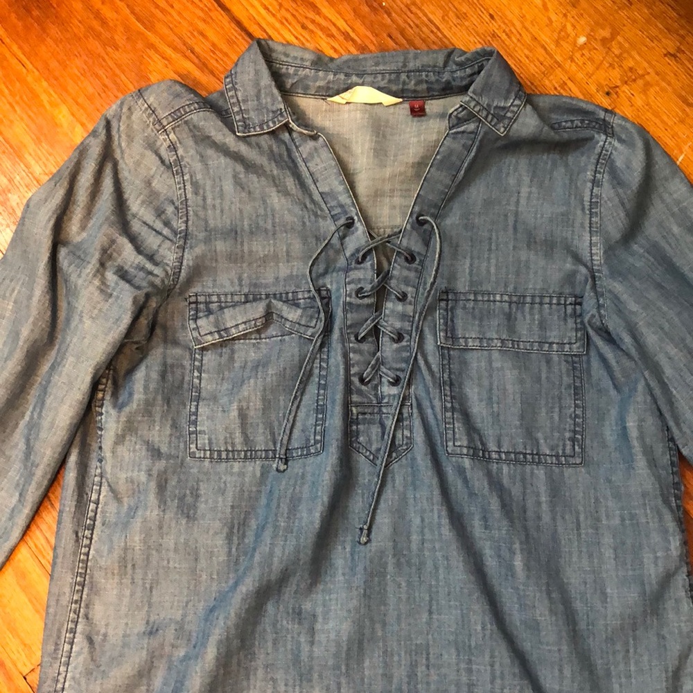 SO Women's Denim-Look Lace-Up Button Down Shirt Blue